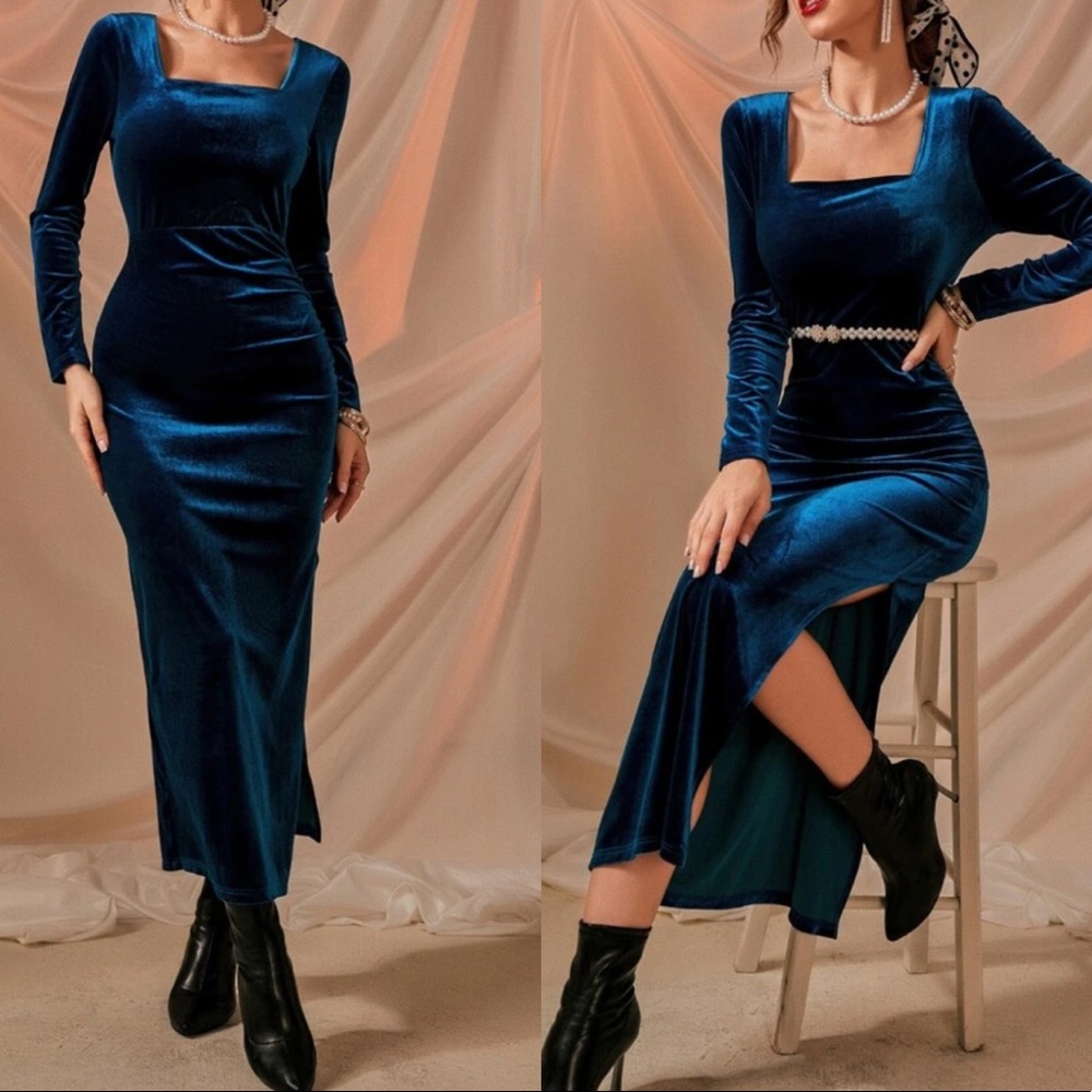 Velvet square neck split thigh maxi dress - Picture 5 of 7